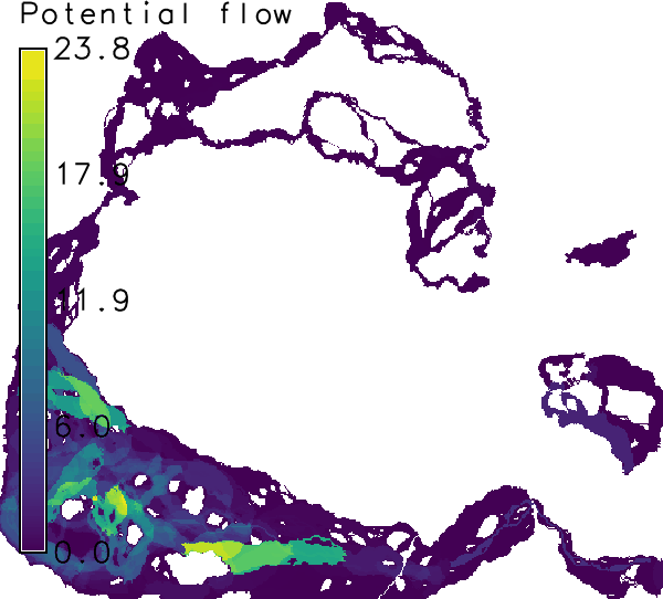 Corridors computed for all connections, weighted by 
potential flow of propagules.